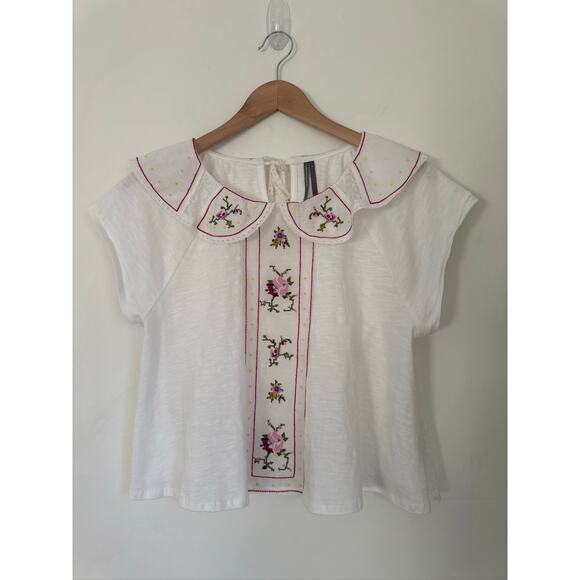 Anthropologie Floral Embellished Peter Pan Collared Cotton Top, Small - Picture 2 of 8